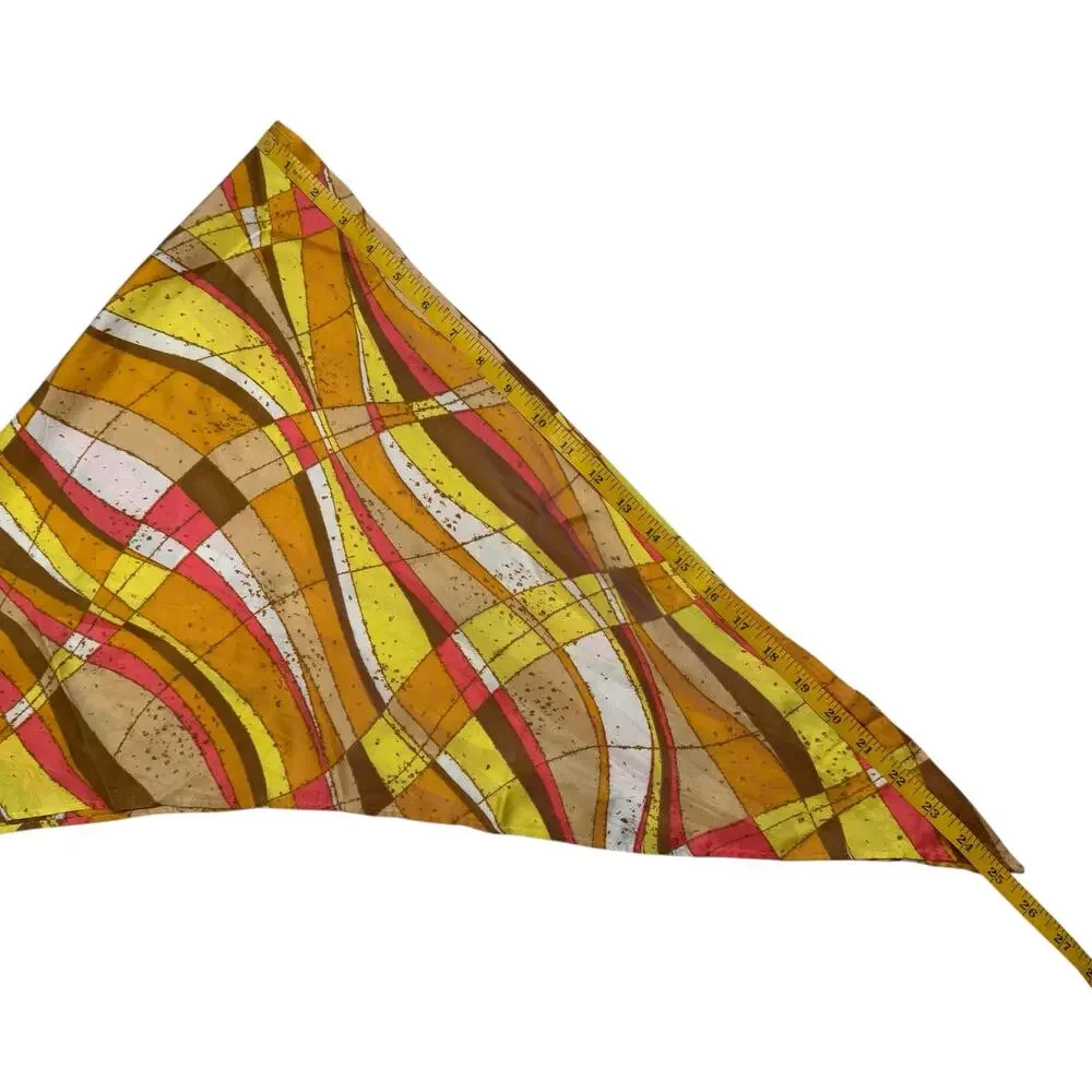 Vintage Handmade Mod Triangle Scarf Retro Orange Tan Yellow Headcover Polyester - Picture 4 of 7